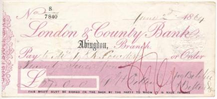 Nagy-Britannia / Abingdon 1864. "London and County Bank" 27P értékű kitöltött csekkje, szárazpecséttel T:F United Kingdom / Abingdon 1864. "London and County Bank" filled out cheque about 27 Pounds with embossed stamp C:F