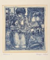 Balogh László (1930-2002): Takarítás. Rézkarc, papír, jelzett. Paszpartuban. 13x13 cm