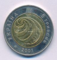 Ukrajna 2001. 5H bimetál "Az ezredfordulók küszöbén" emlékérme T:VF, kis patina Ukraine 2001. 5 Hryvni bimetallic "On the Verge of Millenniums" commemorative coin C:VF, small patina Krause KM#107