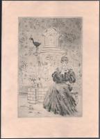 Láng Rudolf (1904-1991): Hölgy kútnál, macskával. Rézkarc, papír. Jelzett. Lap széle foltos. 29,5×19,5 cm