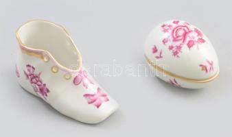 2 db Herendi rózsa mintás porcelán cipő és tojás. Kézzel festett, jelzett, hibátlan 8, 11 cm
