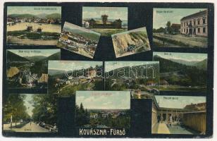 1910 Kovászna-fürdő, Covasna; mozaiklap 12 képpel: Rózsahalom iparvasúttal, vízifűrésszel, siklóval. Szabó nyomda kiadása / multi-view postcard with 12 images: industrial railway, sawmill, funicular railway (fa)