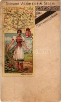 Magyarország. Üdvözlet népviselettel, címerrel és Nagy-Magyarország térképpel. Schmidt Victor és fiai Art Nouveau, floral, litho (EM)
