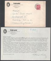 1943 Várkonyi Nándor (1896-1975) író, szerkesztő, könyvtáros, irodalom- és kultúrtörténész, a Sorsunk c. folyóirat szerkesztőjének 2 db levele (egy saját kezű, ill. egy autográf aláírással ellátott), Szabó Imre, az Exodus könyvkiadó igazgatója részére, a Sorsunk folyóirat fejléces levélpapírján, borítékkal  (A Sorsunk a pécsi Janus Pannonius Társaság által 1941-től kiadott irodalmi, művészeti és társadalomtudományi folyóirat, melyet Várkonyi Nándor szerkesztett. A lap indulásakor a szerkesztőségi rovatban Várkonyi neve mellett szerepelt még Fischer Béla, Weöres Sándor, Esztergár Lajos pécsi polgármester, Babits Mihály, illetve Török Sophie is. Szellemiségében a népi írókhoz kötődött, a II. világháború ideje alatt határozottan antifasiszta álláspontot foglalt el. A folyóirat a háború után továbbra is megjelent egészen 1948-ig, amikor az új politikai rendszer ellehetetlenítette annak működését.)