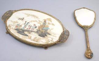 Kínai filigrán szerelékes kínálótálca 37x22 cm és kézitükör h: 33 cm