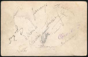 1955-ös Budapest Honvéd labdarúgó csapatát ábrázoló képeslap, a hátoldalán a játékosok, köztük Puskás, Czibor, Kocsis, Tichy és más Aranycsapat tagok aláírásaival / autograph signed photo postcard of the Hungarian football champion team Honvéd, incl Puskás, Budai, Tichy, Kocsis, stb