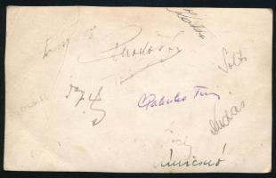 1955-ös Budapest Honvéd labdarúgó csapatát ábrázoló képeslap, a hátoldalán a játékosok, köztük Puská...