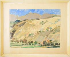 Gulyás Dénes (1927-2003): Hegy, 1976. Akvarell, papír, jelezve jobbra lent, hátoldalán Képcsarnok Vállalat címkéjével, üvegezett fakeretben, 37x47,5 cm