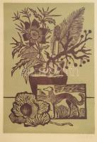 Reich Gábor (1951-): Csendélet kutyás képpel. Linómetszet, papír. Jelzett. Üvegezett fakeretben, 30,...