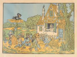 Gácsi Mihály (1926-1987). Hófehérke és a hét törpe. Színes linómetszet, papír. Jelzett. Lap széle foltos, bal alsó sarkában apró sérüléssel. 32,5×50 cm