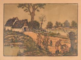 Gácsi Mihály (1926-1987): Vadkacsázás (vadászok), 1969. Színes linómetszet, papír. Jelzett. Gácsi Mihály autográf ajándékozási soraival. Lapszéli kisebb szakadással. 34×50 cm