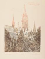 Kádár Katalin (1951- ): Mátyás templom. Színes rézkarc, papír, jelzett, számozott: 64/100, hajtásnyommal, 30x22 cm