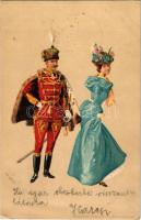 1899 (Vorläufer) Magyar katonatiszt és hölgy / Hungarian military officer with lady. Kunstanstalt Kosmos litho s: Geiger R. (EK)