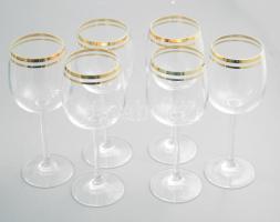 Aranyozott szájú kristályüveg borospohár garnitúra, 6 db, m: 18 cm