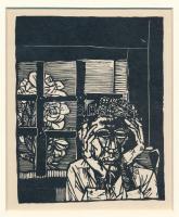 Kondor Béla (1931-1972): Rózsa az ablak mögött, fametszet, papír, paszpartuban, jelzés nélkül, 14×11...