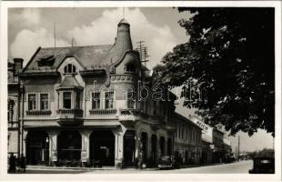 1938 Losonc, Lucenec; Kaviaren Corso. Marcel Filó / Corso kávéház, E. Schulter, Esler Ignác üzlete / cafe, shops + "LOSONC VISSZATÉRT 1938" So. Stpl
