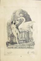 Révész Kornél (1885-1944): Ex libris vitéz Dr. Nagy Iván (erotikus könyvjegy). Rézkarc, papír, jelzett, üvegezett fakeretben, 15x10,5 cm