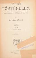 Márki Sándor: Egyetemes történelem. Gymnasiumok és reáliskolák számára. I-III. rész. I. köt.: Ókor. II. rész: A közép-kor és az új-kor 1648-ig. III. rész: Az új-kor 1648-1871-ig. [Egybekötve.] Bp., 1902-1903., Singer és Wolfner, 206+2+236+255 p. Átkötött félvászon-kötés, kopott borítóval, az I. kötet címlapján: "Tiszteletpéldány" bélyegzéssel, az I. kötet címlapja javított, a III. kötet címlapja szakadt, kijáró lapokkal, a kijáró lapok szélein sérülésekkel, néhány ceruzás bejegyzéssel.