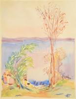 MT jelzéssel: Vízparti táj. Akvarell, papír. Üvegezett fakeretben. 29x22,5 cm