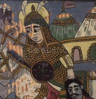 Harcosok. Erdélyi festett üveg (Hinterglasmalerei), sérült (festék részben lekopott), fakeretben, 34...