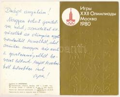1980 Moscow Summer Olympics. Folding card with mascot Misha / 1980. évi nyári olimpiai játékok. Kihajtható dombornyomott képeslap belül Misa olimpiai kabalamackó. Emb. (fl)