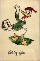 Donald kacsa. Új évi üdvözlet. Saját kézzel rajzolt művészlap / Donald duck. New year greeting. Hungarian hand-drawn Disney art postcard (vágott / cut)