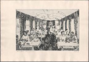 Váci András (1928-1989): Utasellátó étkezőkocsi (MÁV vasúti). Rézkarc, papír, jelzett, 19,5×29,5 cm
