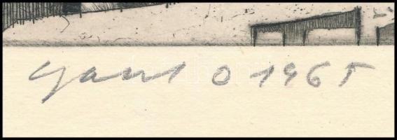 Gaál Domonkos (1940-2009): MÁV Utasellátó a séthajón (Budapesti panoráma), 1965. Rézkarc, papír, jel...