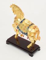 Ló figura. fém, üveg és zománc díszítéssel. lakkozott fa talazaton 25x29 cm Díszdobozban