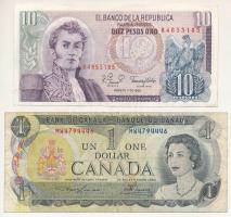 Kanada 1973. 1$ + Kolumbia 1980. 10P T:F Canada 1973. 1 Dollar + Colombia 1980. 10 Pesos Oro C:F Krause P#85, P#407
