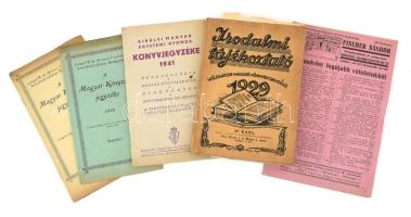 Vegyes könyvárjegyzék tétel: 1912-1913 A Magyar Könyvtár jegyzékei 2 db, 16+16 p. 1929 Irodalmi Tájékoztató. Válogatott magyar könyvek (és magyar vonatkozásu idegen nyelvű művek) jegyzéke. VII. évf. 1929. Bp., 1929., Magyar Könyvkereskedők Egylete,(Révai-ny.) Kiadói papírkötés.; 1940 Fischer Sándor 1940 karácsonyi könyvárjegyzéke, 2 sztl. lev.;  1941 Királyi Magyar Egyetemi Nyomda könyvjegyzéke 1941, 63 p.