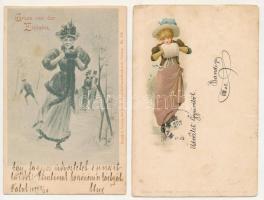 4 db RÉGI hölgy művészlap vegyes minőségben, köztük lithok / 4 pre-1945 ladies art postcards in mixed quality, some lithos