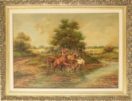 Kovács Elemér (-): Gázlón (lovak). Olaj, vászon. Jelezve jobbra lent. Dekoratív fakeretben. 50x70 cm