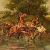 Kovács Elemér (-): Gázlón (lovak). Olaj, vászon. Jelezve jobbra lent. Dekoratív fakeretben. 50x70 cm