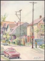 Lovaghy István (1898-?): Pittsburghi utcarészlet autókkal és járókelőkkel, 1966. Akvarell, papír, jelzett, 31×23 cm. Hátoldalán akvarell tájkép vázlattal. / István Lovaghy (1898-?): Pittsburgh street scene with cars and people, 1966. Watercolour on paper, signed lower right, 31×23 cm. With watercolour lanscape stuy on the reverse.