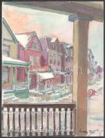 Lovaghy István (1898-?): Pittsburghi utcarészlet autóval, 1966. Akvarell, papír, jelzett, 30×23 cm. / István Lovaghy (1898-?): Pittsburgh street scene with car, 1966. Watercolour on paper, signed lower right, 30×23 cm.