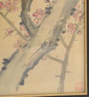 Olvashatatlan jelzéssel, távol-keleti alkotó: Madárka virágzó ágon. Akvarell, selyem. Üvegezett fake...