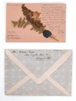 1917 Emlékül a meghódított Romániából, préselt virággal díszített levelezőlap, IV. Károly képével díszítve, borítékkal.