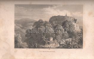 Blumenhagen, Wilhelm:  Wanderung durch den Harz. Mit 30 Stahlstichen. [Lipcse] Leipzig, [1838]. Georg Wigand's Verlag (Druck von Breitkopf & Härtel). [3]-256 p. + 28 t. (acélmetszetű látképek). Első kiadás. Wilhelm Blumenhagen (1781-1839) német orvos, író, szabadkőműves, a korszak népszerű novellistája. Útírása a boszorkánylegendákkal övezett, közép-németországi Harz-hegység egykori életét örökíti meg, illetve a kapcsolódó népmondákat beszéli el. A kötet romantikus, népéletet megörökítő grafikáit Ludwig Richter (1803-1884) grafikusművész rajzolta, helyszíni tanulmányok alapján. Példányunk címképe, első nyomtatott levele, a belív két levele és egy táblája hiányzik, két levél tévesen kötve, az oldalakon enyhe vízfoltosság és foxing. A hátsó előzéken régi gyűjteményi bélyegzések. [Das malerische und romantische Deutschland. Band 5.]  Fűzve, hiányos, sérült korabeli papírborítóban, az első és hátsó borító hiányzik.