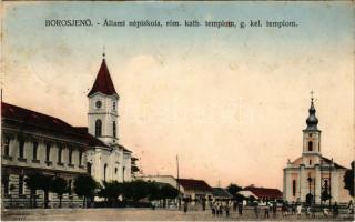 1913 Borosjenő, Borosineu, Ineu; Állami iskola, római katolikus templom, görögkeleti (ortodox) templom. Ungár J. kiadása / school, Catholic church, Orthodox church (fl)