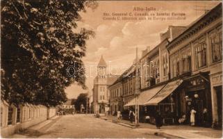 1929 Gyulafehérvár, Alba Iulia; Str. General C. Coanda cu hotelul Europa / Coanda C. tábornok utca az Európa szállodával, üzletek, fodrász és manikűrös. Francisc Schäser kiadása / street view, hotel, shops