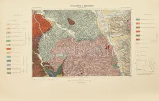 1914 Resicabánya és Karánsebes és környéke geológiai térképe, színes litográfia, 24. Zóna XXVI. Rovat, 1:75.000, Rajzolta: Pitter Tivadar. Felvették: Halaváts Gyula, Schafarzik Ferenc, Bécs, Cs. és Kir. Katonai Földrajzi Intézet, feltekerve, a szélén foltos, jó állapotban, 38x53 cm, teljes: 67x92 cm.