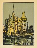 Jánosi Sándor (1927-1982): Vajdahunyad vár. Színes linómetszet, papír, kartonra kasírozva, jelzett, lap alján ázásnyommal, 39,5×29,5 cm