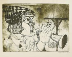 Karkus István (1946-1995): Zenész és táncosok, 1974. Rézkarc, papír, jelzett, 28×39,5 cm