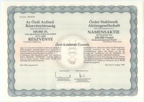 1990. Ózd "Ózdi Acélmű Részvénytársaság" részvénye 100.000Ft-ról, szelvényekkel T:AU