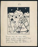 Jelzés nélkül, XX. sz. első fele: Mikulás és a hóember (verses karikatúra-illusztráció). Tus, papír. 21x17 cm