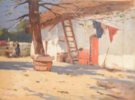 Pörge Gergely (1858-1930): Napfényes udvar. Olaj, vászon. Jelezve balra lent. Kissé sérült. 33×44 cm