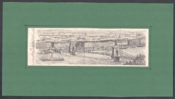 1862 Pest látképe a Lánchíddal, fametszet, papír, In: Az Ország Tükre 1862. júl 1., körbevágott, paszpartuban, 7x24 cm