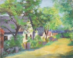 Jelzés nélkül, 1910-30 körül: Napfényes utca. Olaj, vászon. Kétoldalas, hátoldalán férfi portré. 37×...