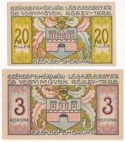 Székesfehérvár 1921. 20f + 3K "Légszeszgyár és Vegyiművek Részvénytársaság" T:AU, enyhe sarokhajlás Hungary / Székesfehérvár 1921. 20 Fillér + 3 Korona "Gas and Chemical Plant Share Company" C:AU, slightly folded corner Adamo SZF-2.2, SZF-2.6